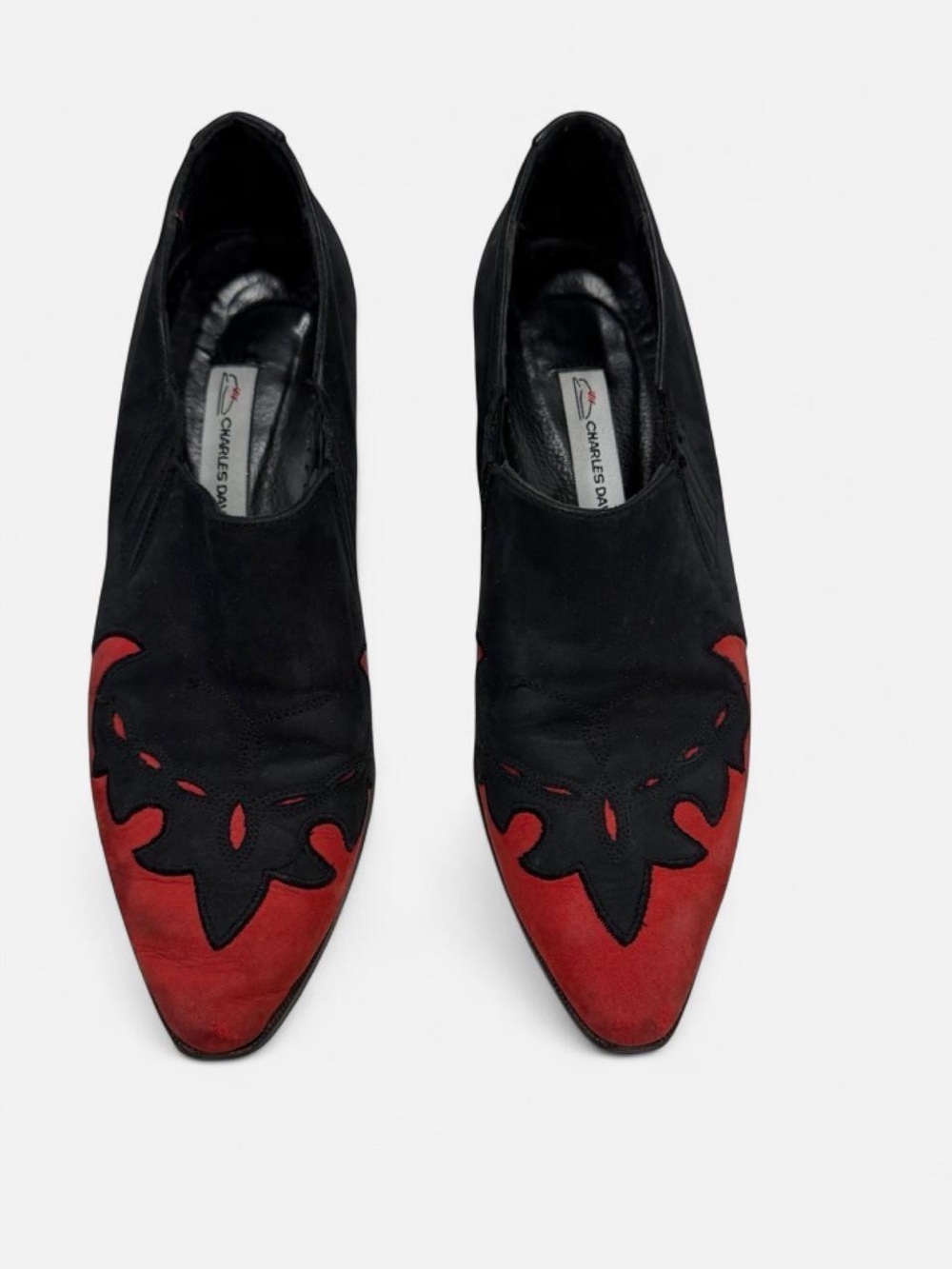 Vintage Charles David Black and Red Pointed Slip-On Nubuck Booties